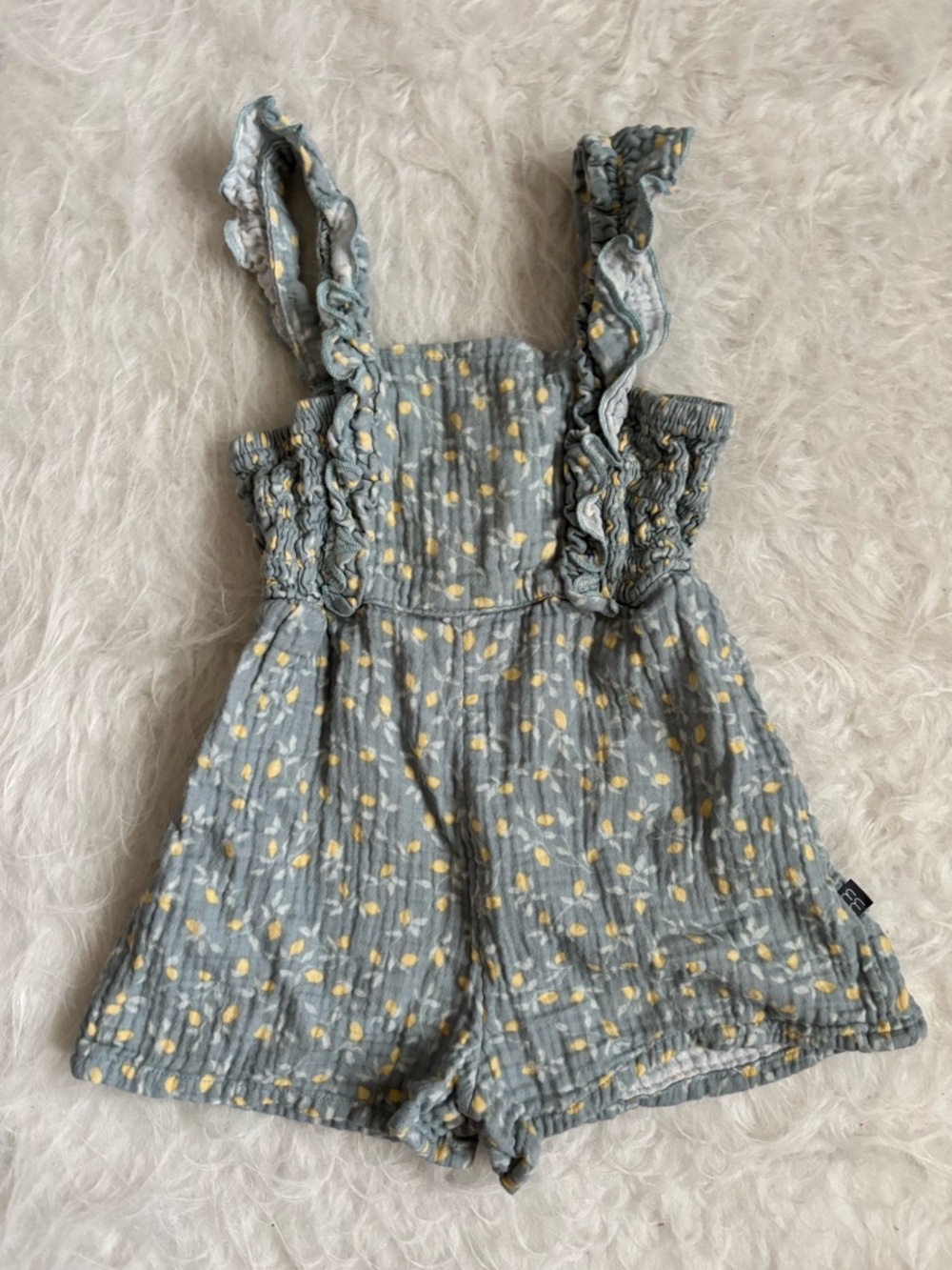 Girls' Blue Floral Ruffle-Strap Romper